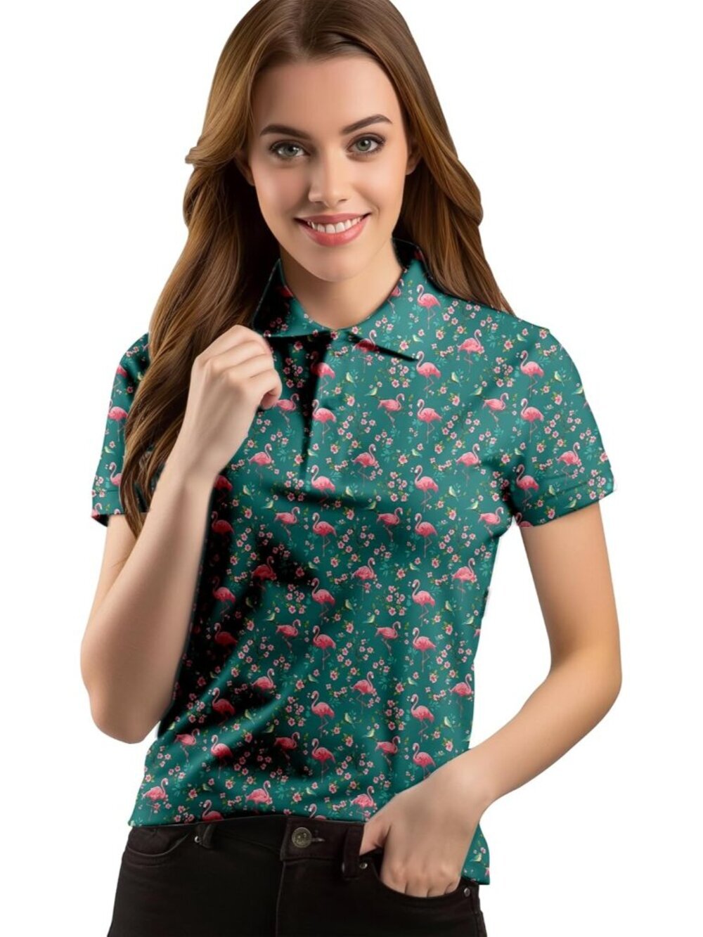Women Flamingo - Green Short Sleeve Quick Dry Tennis Shirts Athletic Yoga Tops F